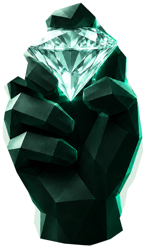 An emerald fist gripping a brilliant diamond, above a white podium.
